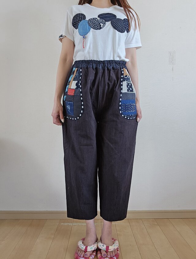 着物リメイク　手作り　ポケットがかわいい　縞木綿　パンツ
