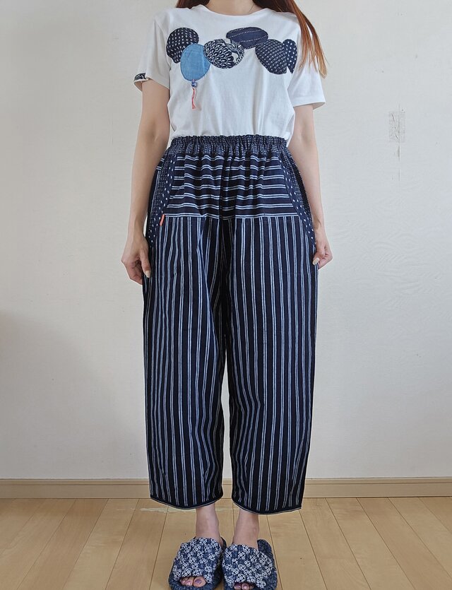 着物リメイク　手作り　縞木綿　シンプル　パンツ