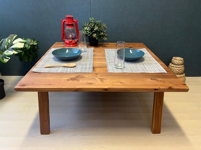 送料無料】 ローテーブル 正方形 90cm 35cm 杉 ブラウン 折り畳み脚 木