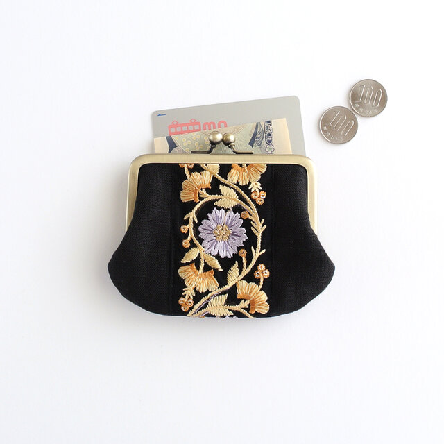 リネンとインド刺繍リボンのシンプルながま口 ブラック | iichi 日々の