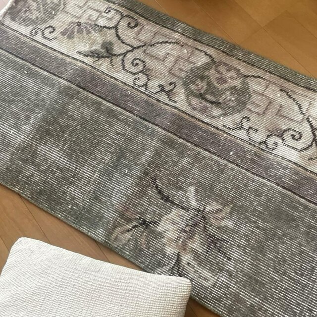 55×188 ロングランナーラグ モスグリーン×グレイ トルコ