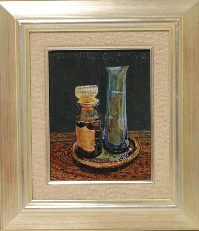 混合技法「二つの小さなガラス器の静物」