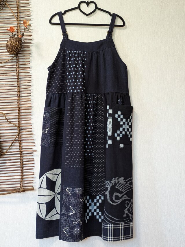 古布リメイク　久留米絣のキャミソールワンピース　久留米絣　藍染　古布ファッション　ゆったりサイズ
