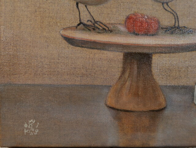 油絵「木彫りの鳥と枯れた実のある静物」 | iichi 日々の暮らしを