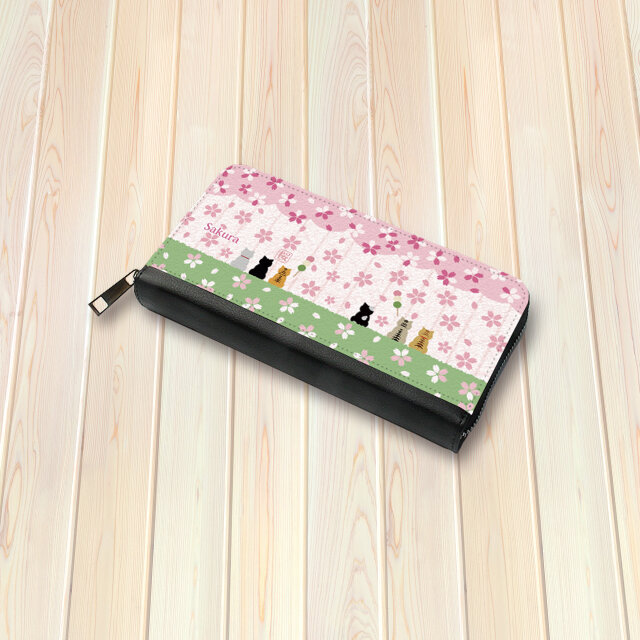 （送料無料）長財布【ほのぼのにゃんこ（桜とだんご）】（名入れ可）