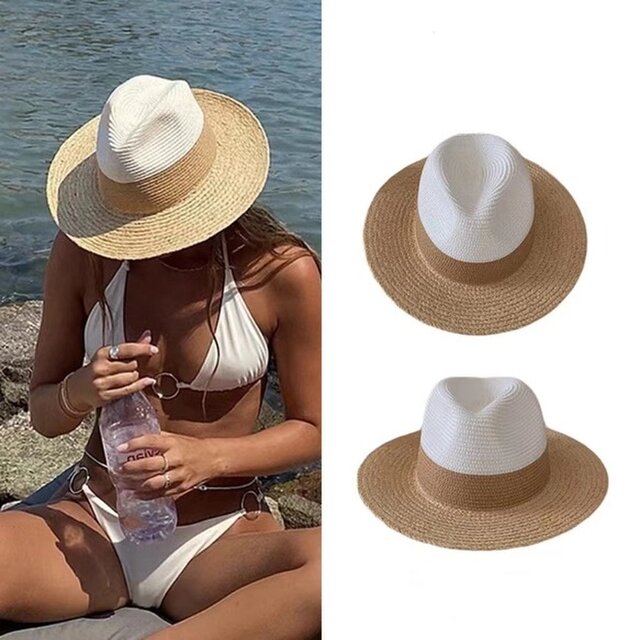 ラフィアハット、ツバ広麦わら帽子、英国風、夏用、ストローハット、飾り ミディアムブリム 日よけ・UV対策