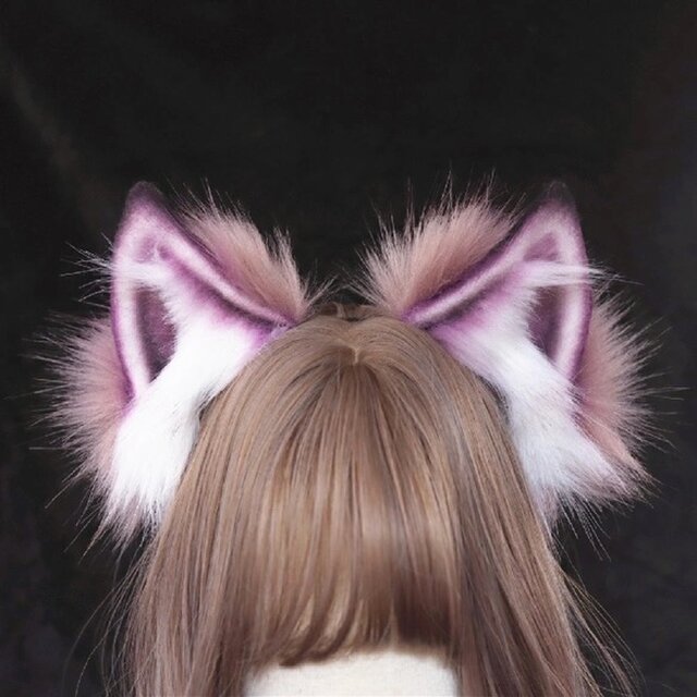 【受注生産】紫狼耳カチューシャ 手作りリアルな毛皮のような ヘアアクセサリー シミュレーション動物の耳