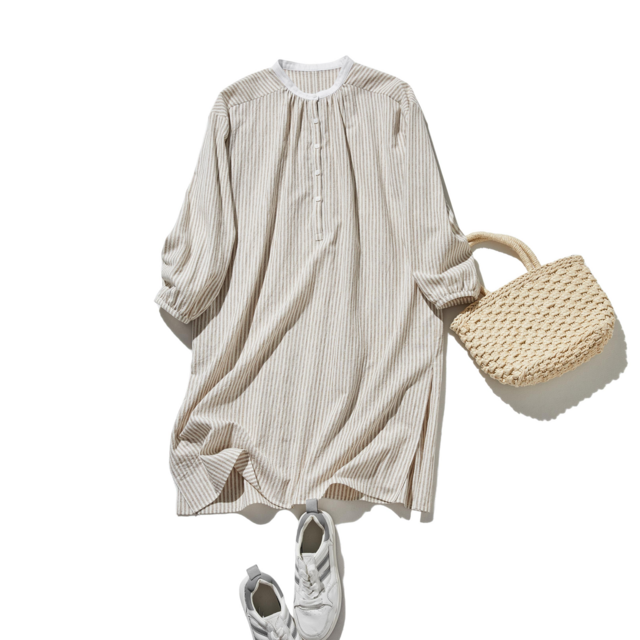 年中着回し可能　ストライプワンピース　コットンリネン 　チュニック 　薄い茶色＊オフホワイト　　 250417-1