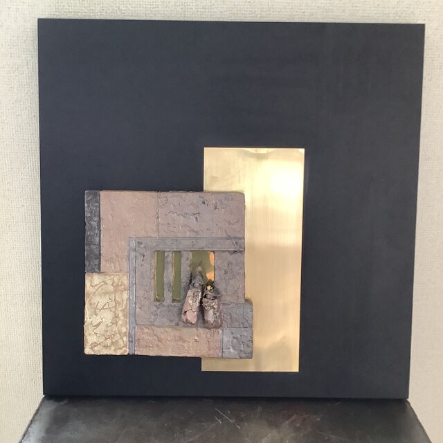 雛　焼締&灰志野＆黒釉&真鍮　陶額(特大) No.11(on sale)