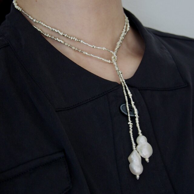 "Viora" Lariat necklace - Pearl × Pearl -【C】