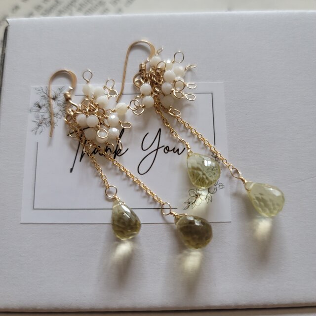 なまけもの　14kgf 透け感綺麗なフォッシルコーラル ピアス 14kgf】 レモンクォーツ×ホワイトコーラル/癒しと幸福感