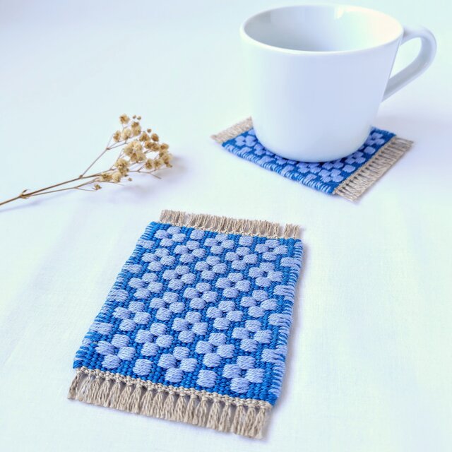 北欧手織り:ローゼンゴン織りコースター（small flowers）ブルー×ライトブルー
