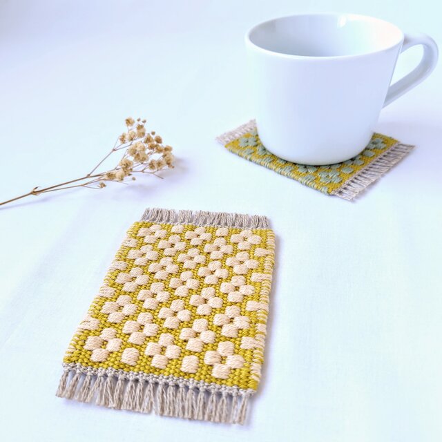北欧手織り:ローゼンゴン織りコースター（small flowers）イエロー×クリーム