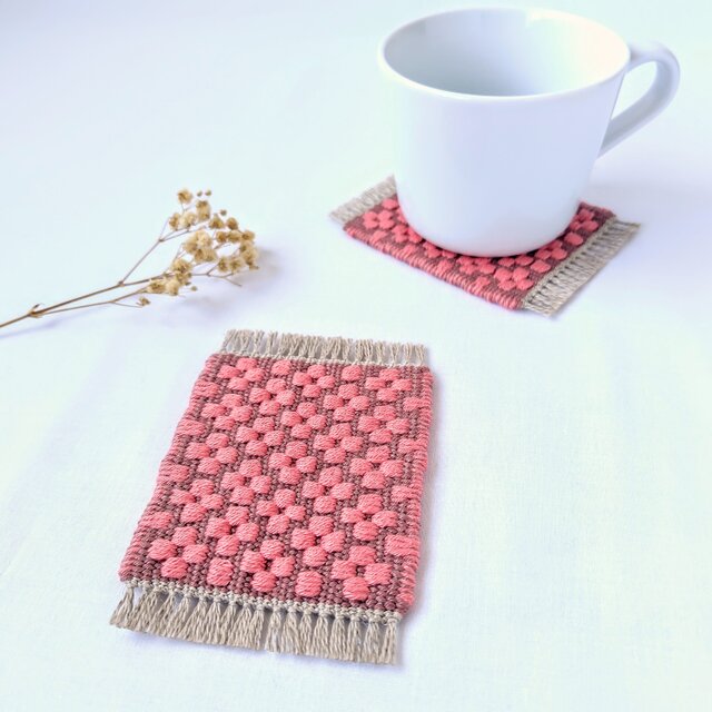 北欧手織り:ローゼンゴン織りコースター（small flowers）ピンク×アズキ