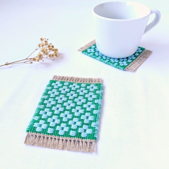 北欧手織り:ローゼンゴン織りコースター（small flowers）グリーン×ライトブルー