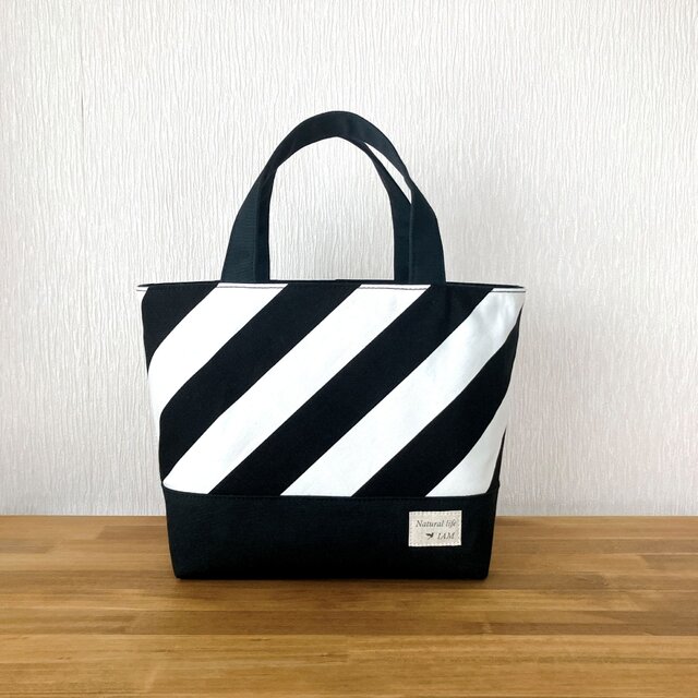 帆布の斜めストライプミニトート（ブラック）
