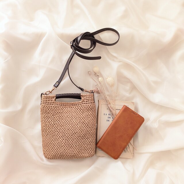 ラフィア風 2way ミニショルダーバッグ・H (TCフルステッチ・クロススッテッチ・赤ギンガムチェック)