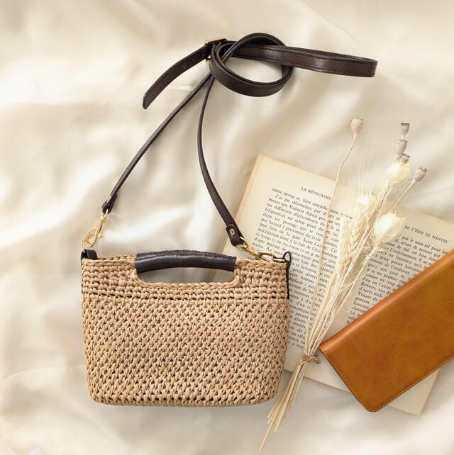 ラフィア風 2way ミニショルダーバッグ・W(TCフルステッチ・クロススッテッチ・赤ギンガムチェック)