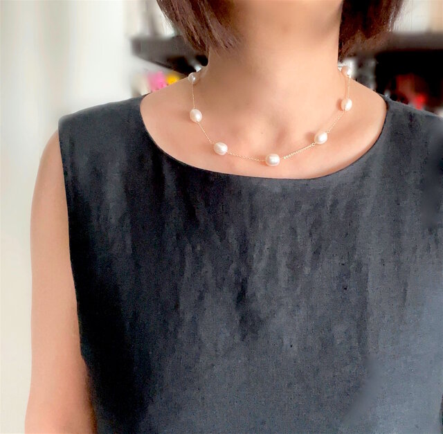 大粒淡水 ライス型パール ステーションネックレス 9.5x11mm