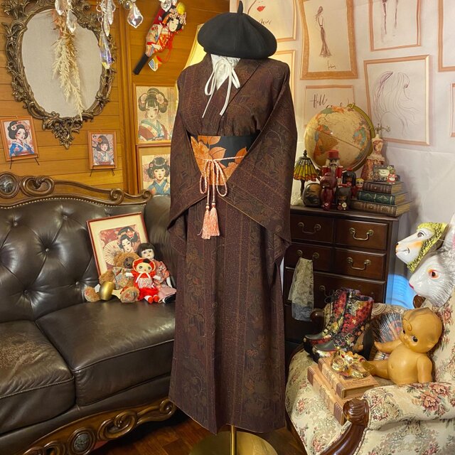 着物 リメイク ロング ワンピース ドレス 洗える 化繊 名古屋帯