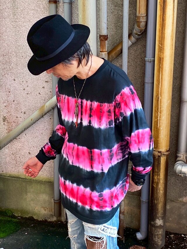 タイダイ 長袖Ｔシャツ XXLサイズ ブラック×レッド ボーダー HIPPIES DYE HD23-82