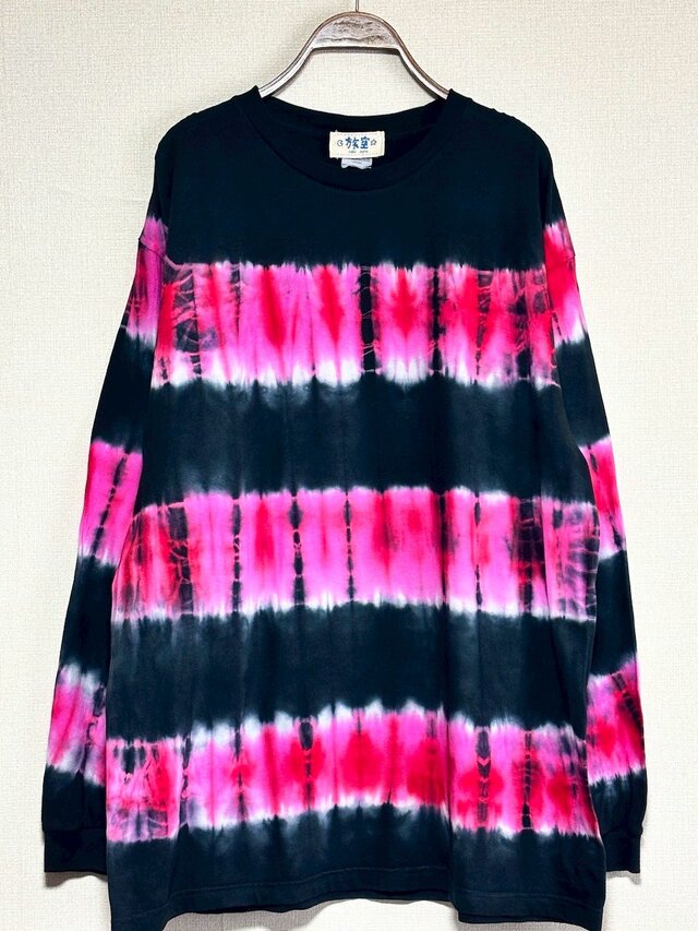 タイダイ 長袖Tシャツ XXLサイズ ブラック×レッド ボーダー HIPPIES