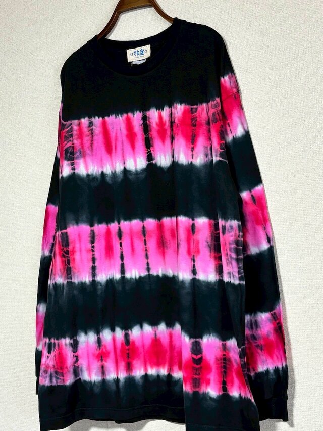タイダイ 長袖Tシャツ XXLサイズ ブラック×レッド ボーダー HIPPIES