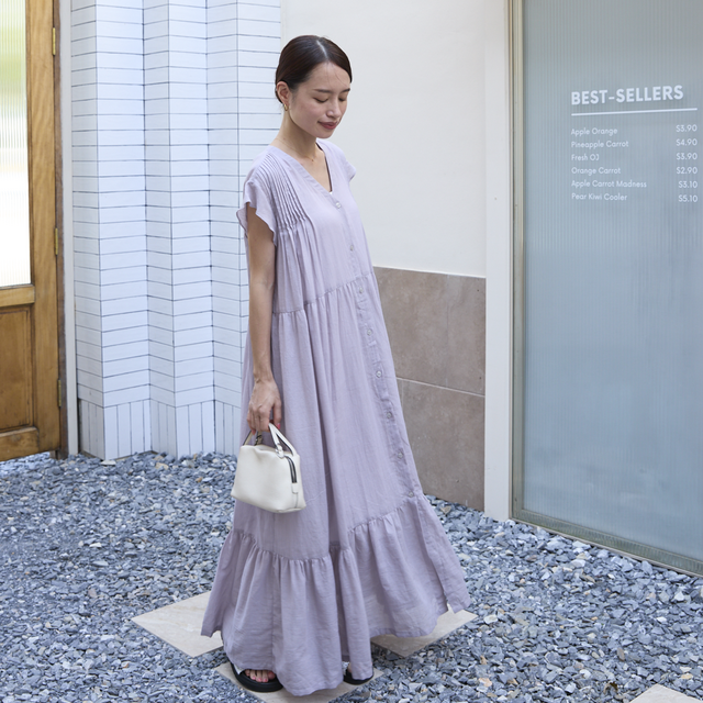 通気性&速乾性◎ ピンタックが柔らかさをプラス コットン 前開き 裾ティアードワンピース　シルバーグレー 0601L.Grey