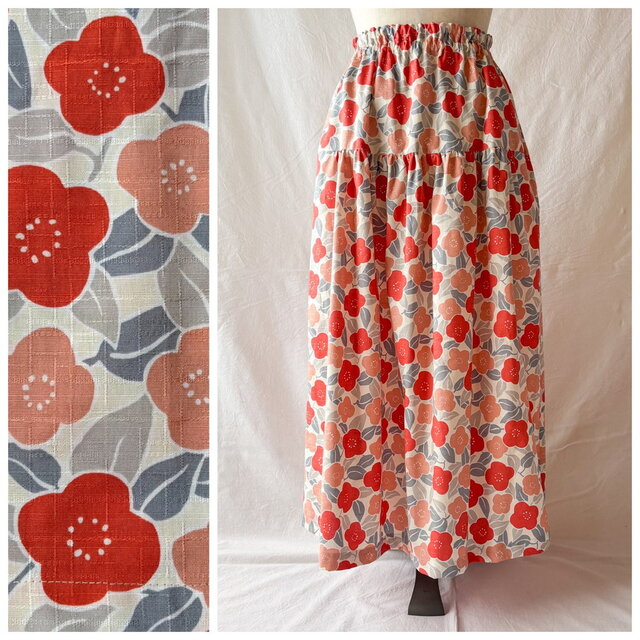 【花纏う】レディのためのティアードスカート：85cm（椿：レッド）