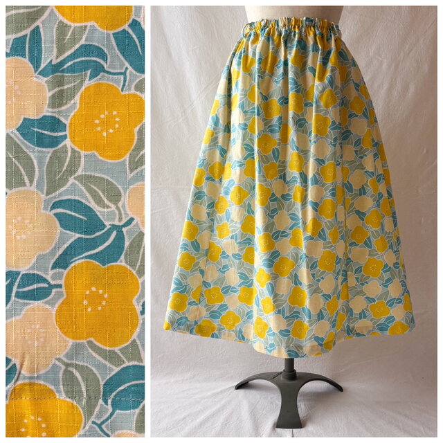 【花纏う】78cm丈：レディのためのレクタングルスカート（椿：ブルー）