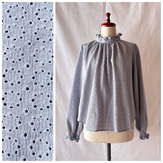 レディのためのクラシックフリルブラウス（ダブルガーゼのカットワークレース：ラウンドフラワー：ブルー）