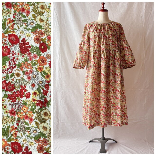 シンプルでキュートなマチエールワンピス（6袖）：110cm丈（春の目覚め：レッド）