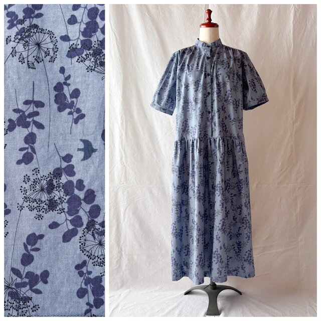 レディのためのチェリーワンピース（5分袖）：120cm丈（ウォーターフラワー2025：ブルー）