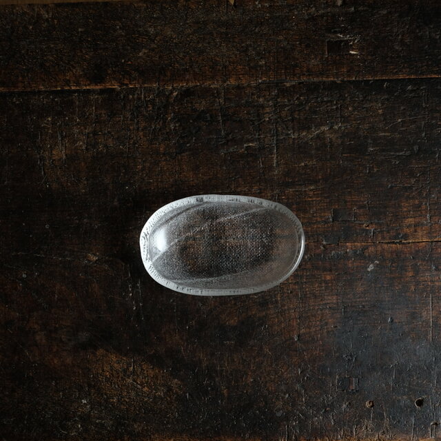 楕円で可愛い◆プレスガラス変形皿　クリア　曇りガラス　古民家　古道具　器　昭和後期