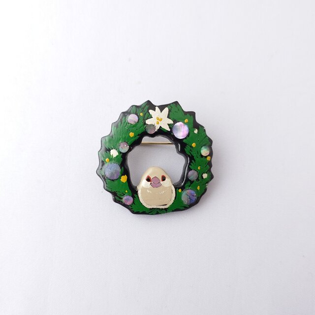 クリスマス・文鳥 漆ブローチ