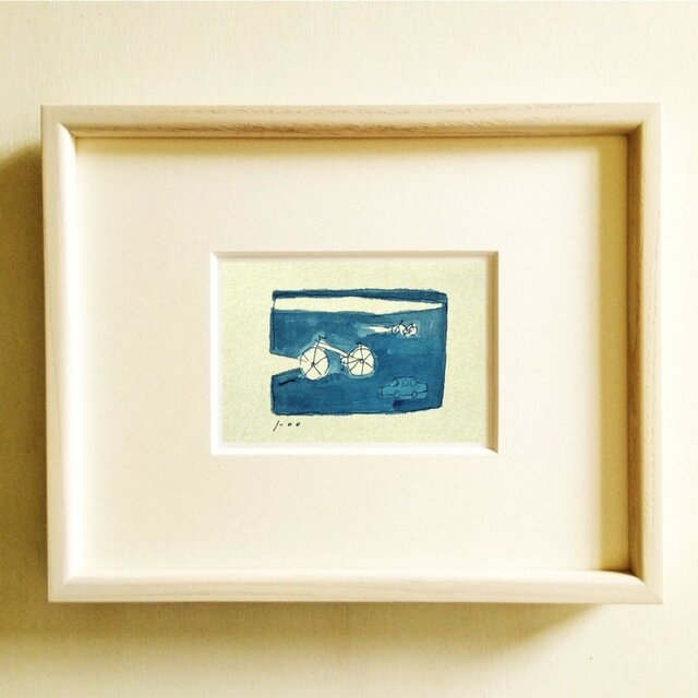 青いドローイングの絵画｜水彩　※木製額縁入り（インチサイズ）