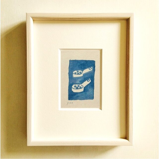 青いドローイングの絵画｜水彩　※木製額縁入り