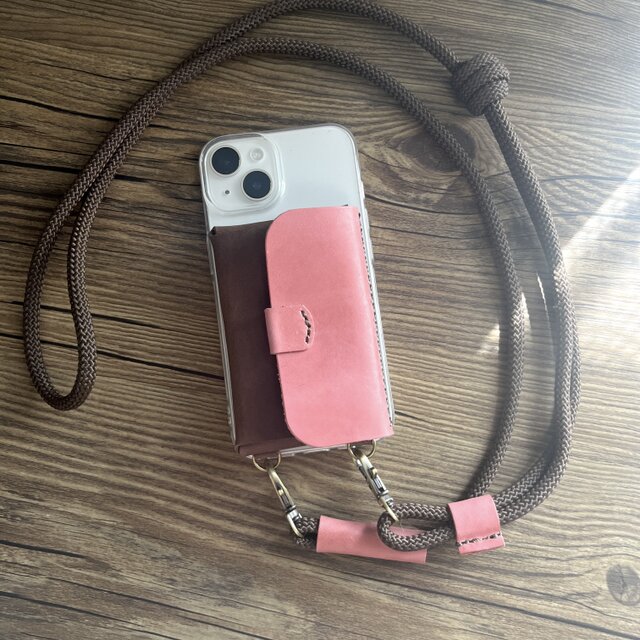 長さ調整可・本革カードポケット付スマホケース&ショルダー●ブラウンxピンク iPhone,Xperia