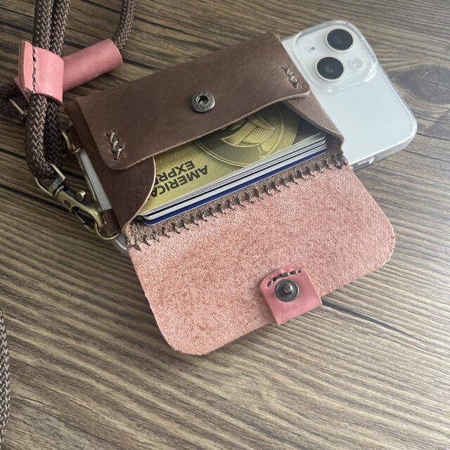 長さ調整可・本革カードポケット付スマホケース&ショルダー