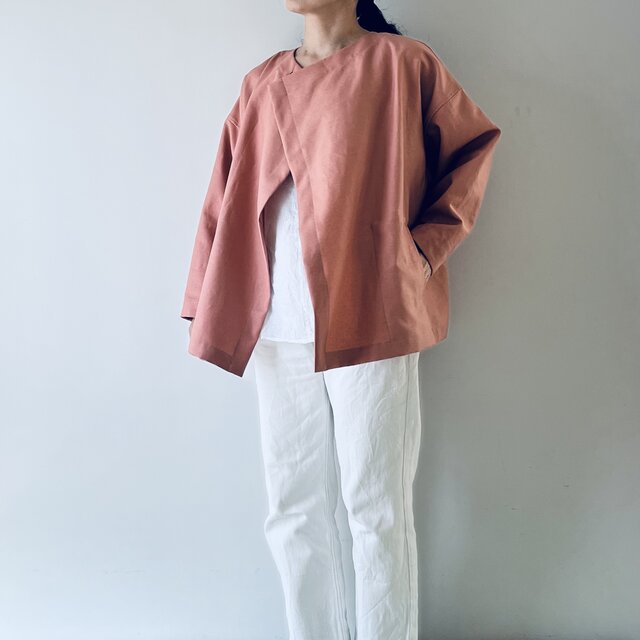 リネンコットンドロップショルダーコート(コーラル)