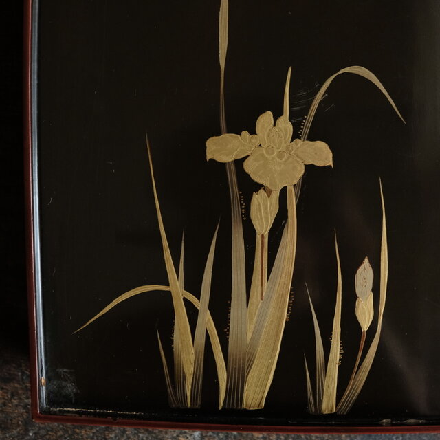 黒に金の菖蒲◇古輪島塗 漆塗脚付き膳 盆 骨董・antiques 古美術 工芸