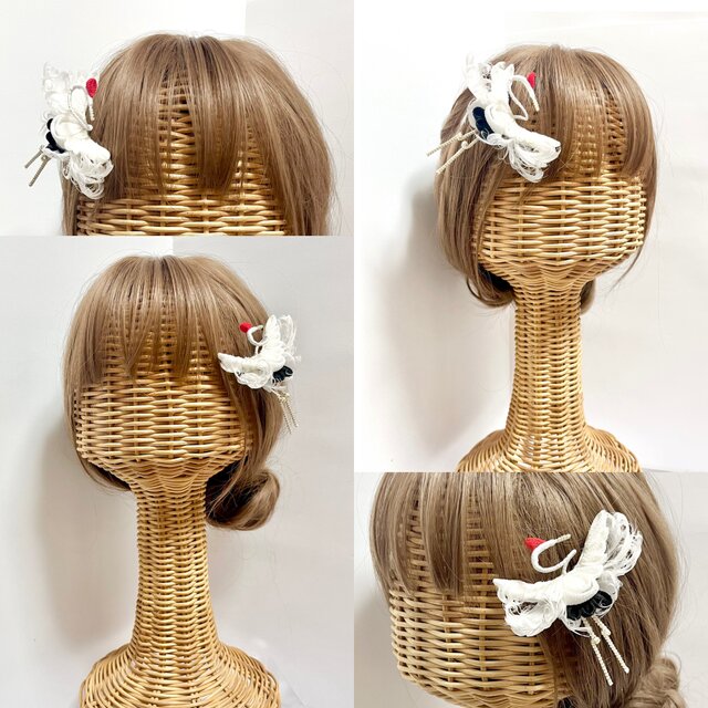 つまみ細工ヘアアクセサリー　髪飾り　鶴　白　正絹　和装　成人式　結婚式 鶴かんざし つまみ細工 ヘッドドレス ヘアパーツ 卒業式 髪飾り