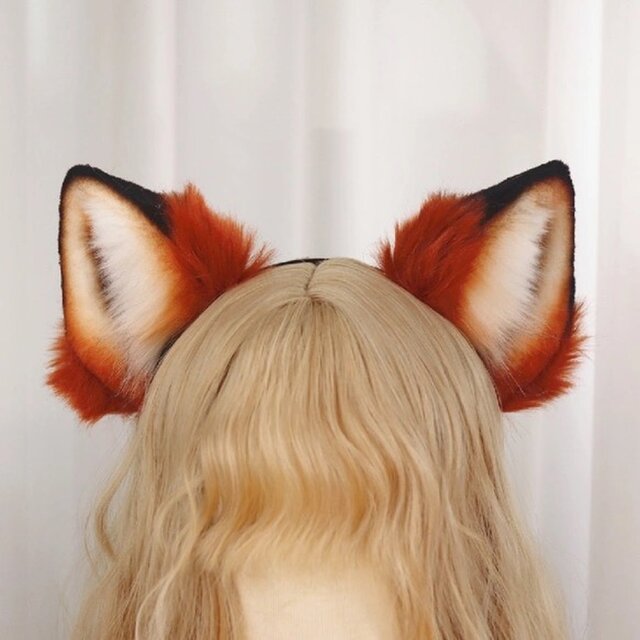 【受注生産】赤狐耳カチューシャ 手作りリアルな毛皮のような ヘアアクセサリー シミュレーション動物の耳