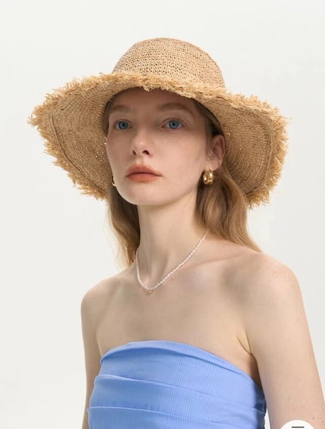 ラフィアハット、ツバ広麦わら帽子 夏用 大人 ストローハット