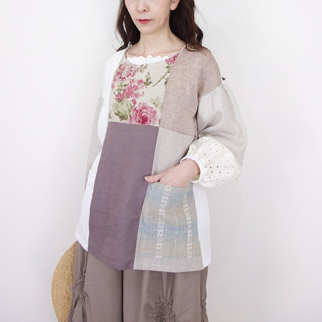 ラスト！[予約販売] 陽だまりのパッチワークリネンドロッププルオーバー