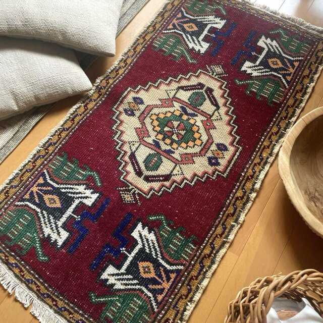 50-53×102 バーガンディ×グリーン メダリオン トルコヴィンテージラグ
