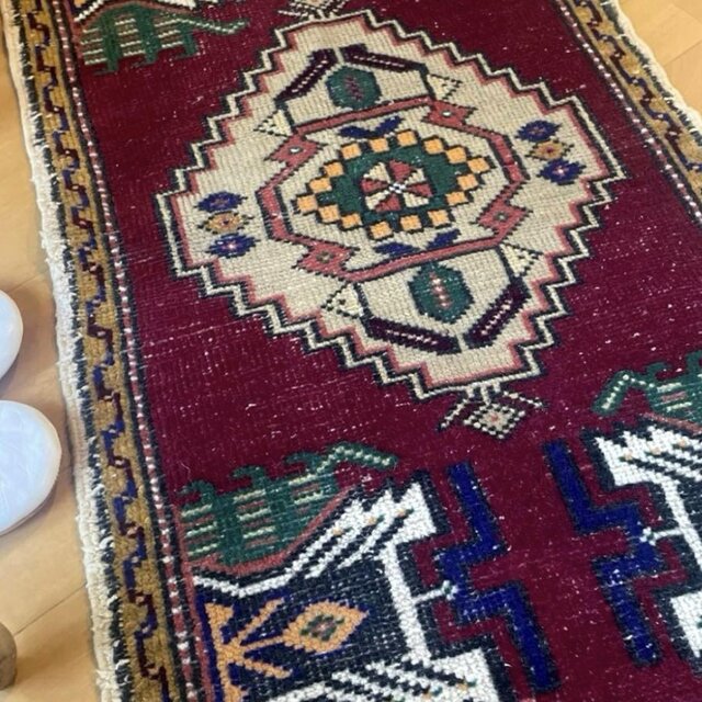 50-53×102 バーガンディ×グリーン メダリオン トルコヴィンテージラグ