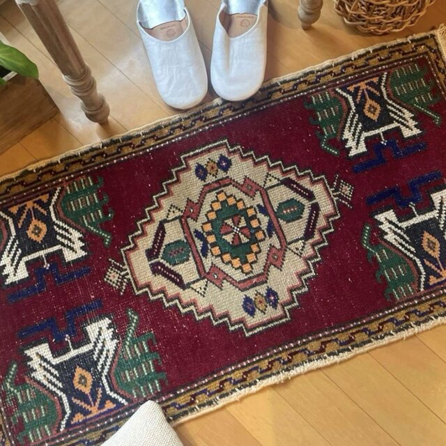 50-53×102 バーガンディ×グリーン メダリオン トルコヴィンテージラグ