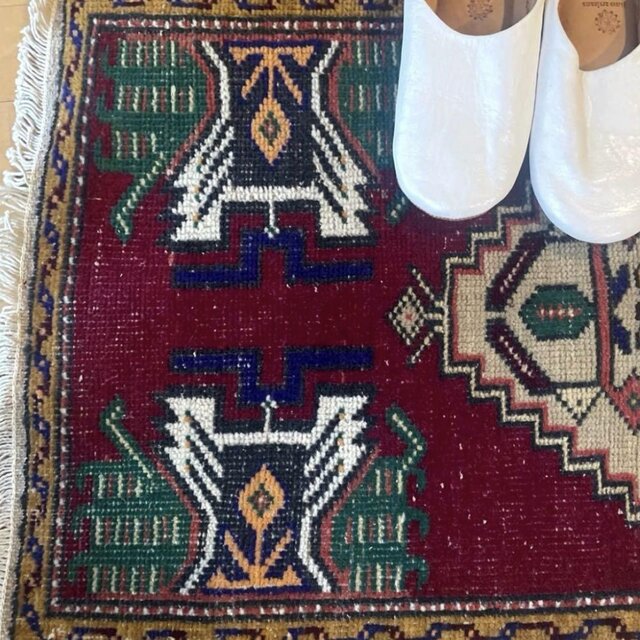 50-53×102 バーガンディ×グリーン メダリオン トルコヴィンテージラグ