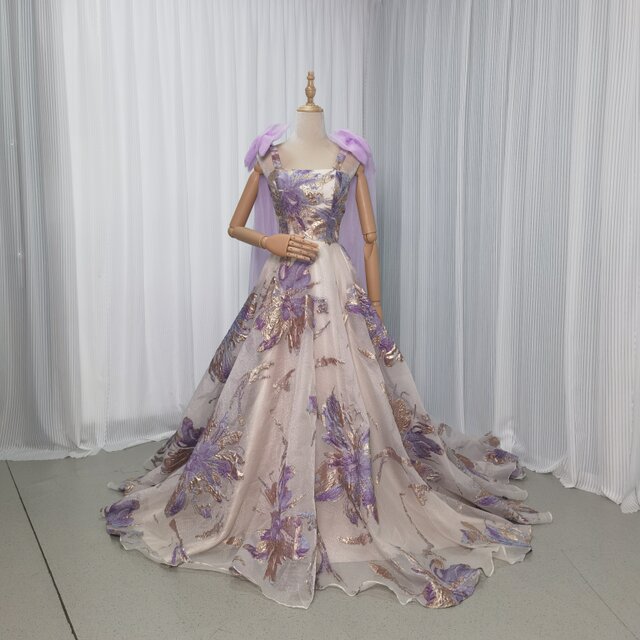 パーティードレス オーキッド ベアトップ 肩のリボン プリント模様 披露宴 優しい エレガント